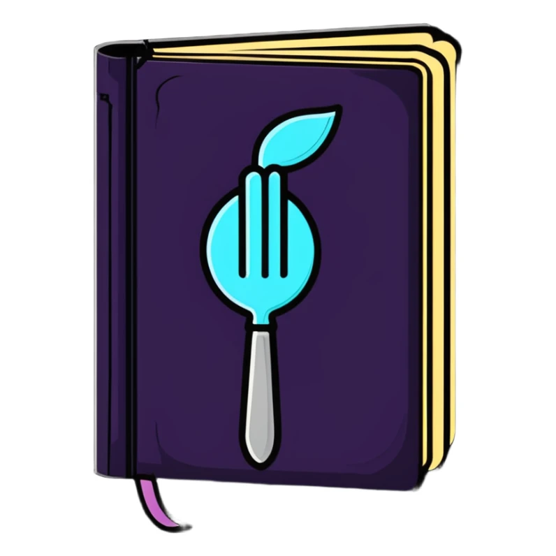 Fantasy spellbook-style cookbook with ethereal fork and spoon symbol glowing on the cover, magical recipes collection sticker