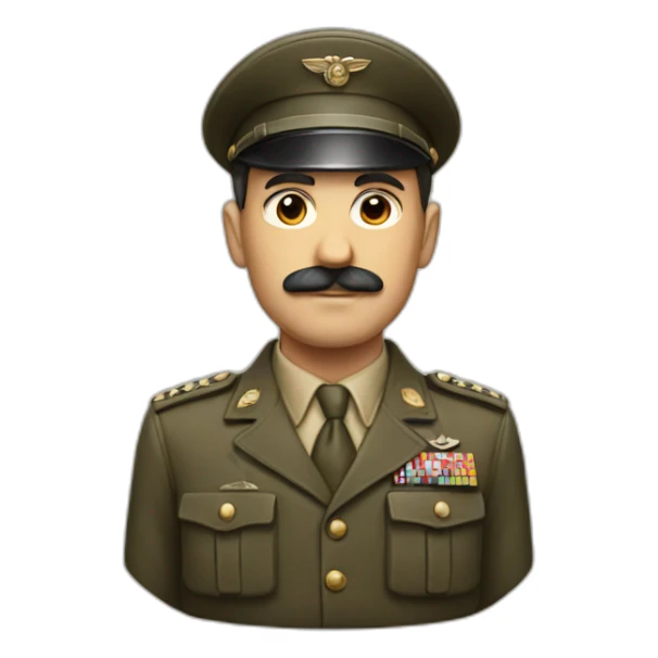 a man with a short mustache and a ww2 costum sticker