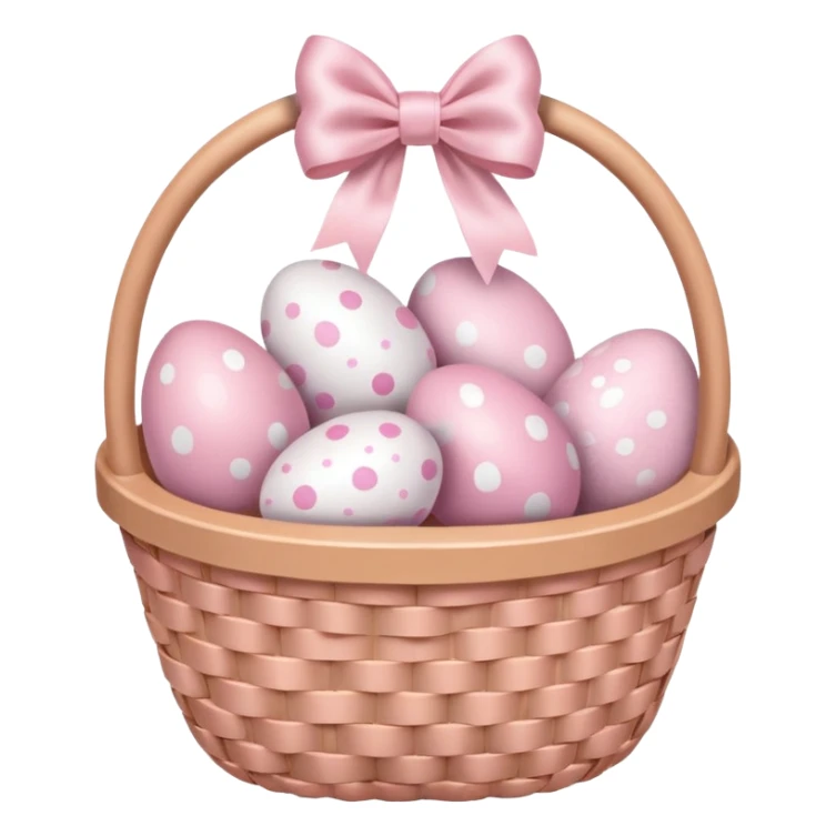 white basket full of light pink easter eggs with a light pink bow sticker