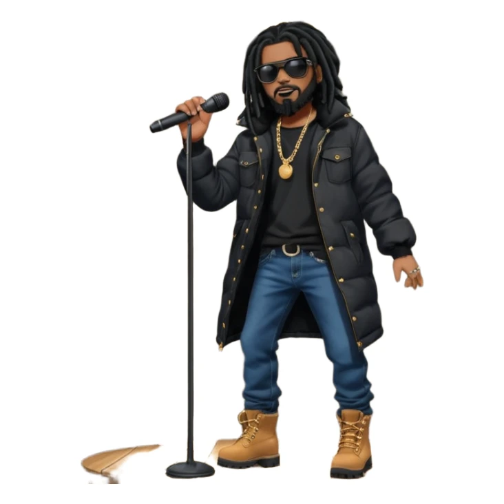 African American man with shoulder length black dreadlocks with black beard wearing dark black sunglasses wearing a black bubble coat wearing denim skinny jeans and timberland boots rapping into a microphone on stage sticker