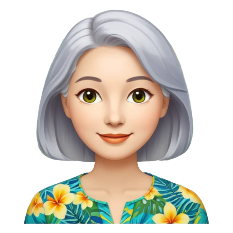 A woman with light complexion, an oval face with soft rounded features, full cheeks, gentle almond-shaped eyes with subtle smile lines, silver-gray hair parted to the side and styled loosely, wearing a vibrant tropical print blouse in blue, green, and yellow, exuding warmth and joy. sticker