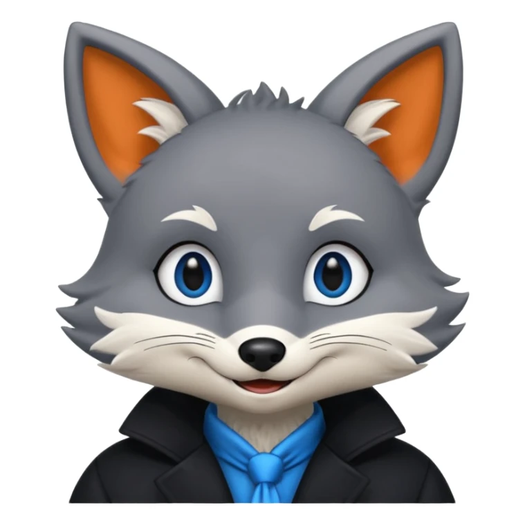 Grey anthropomorphic furry fox with a black coat, blue eyes, and a small fringe of black hair, smiling sticker