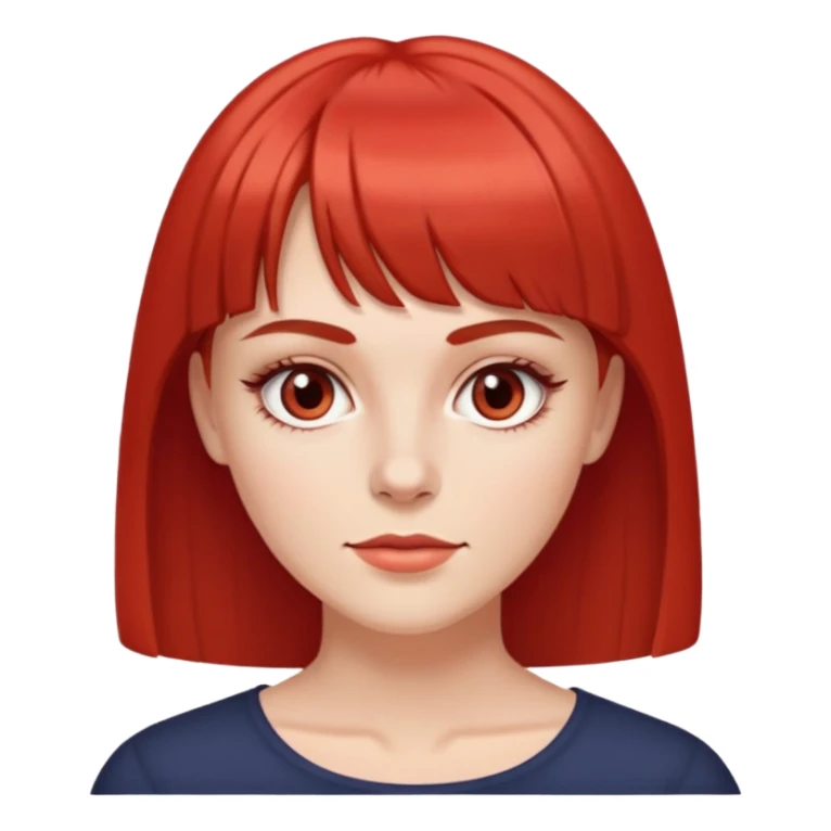 Uma mulher branca, com olhos castanhos claros, franja acima das sombrancelhas, sombrancelhas finas e retas, com o cabelo médio e tingido de vermelho puro sticker