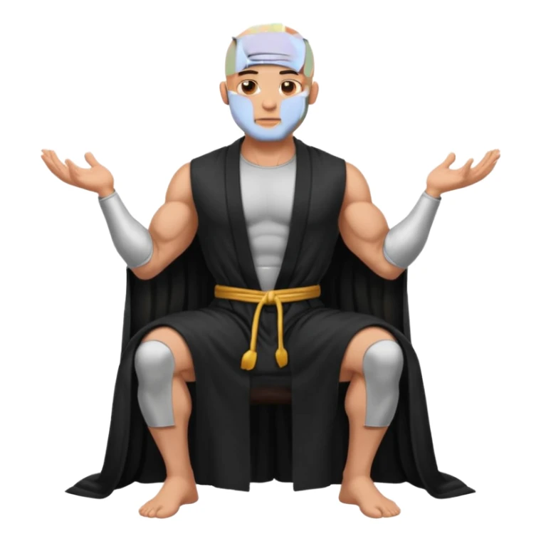 fullbody jacked bald guy, sleeveless and unbuttoned in full black robe sitting sticker