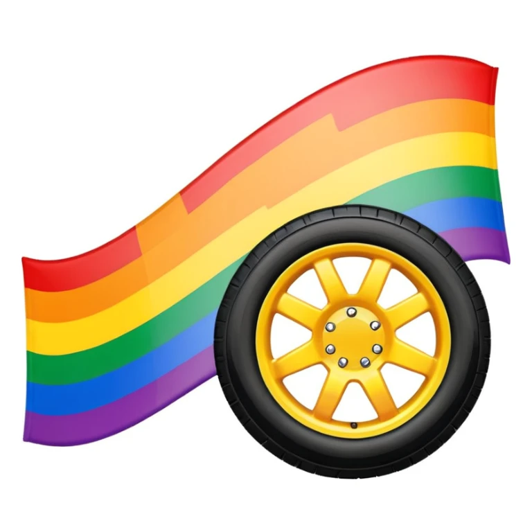 LGBT pride flag background with vibrant colors, black realistic tire skid marks crossing the flag, bold clear marks, high contrast stylized emoji style sticker