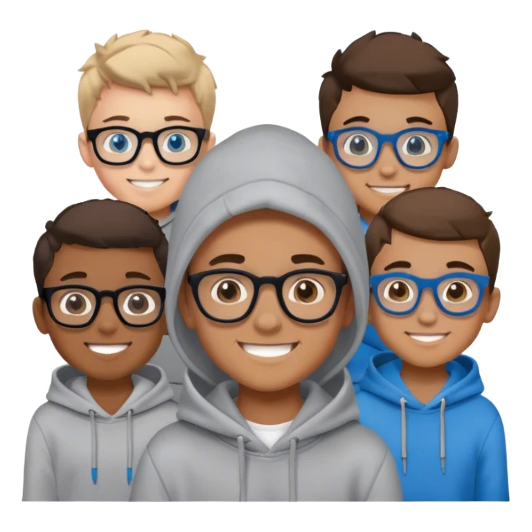 boys in grey hoodies smiling middle has black thick frame glasses and blue eyes sticker