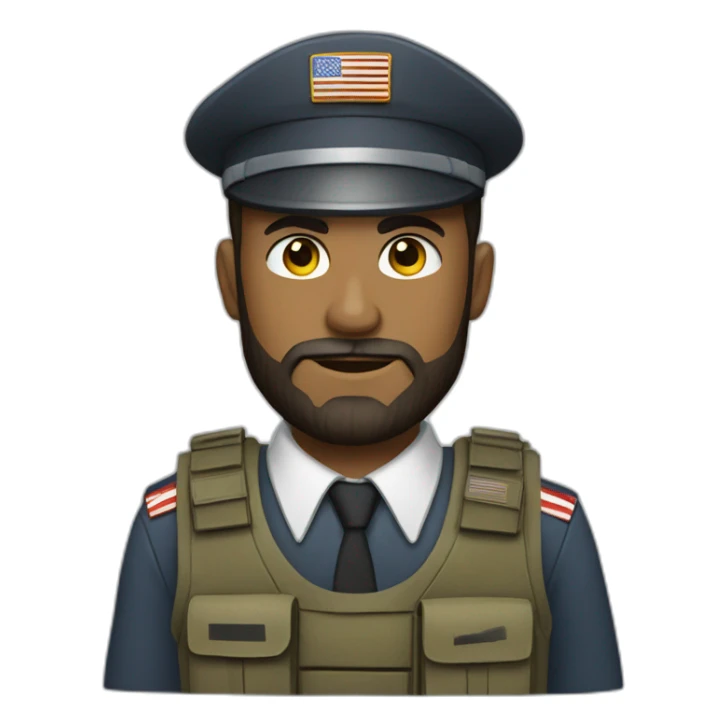 soldier with a beard, a part in hair, a white collared shirt, a bow tie, bulletproof vest with an american flag sticker