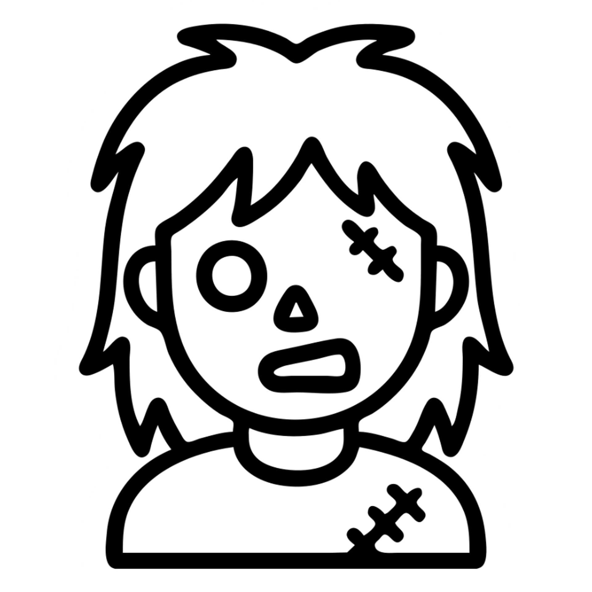 boy zombie with long black wolf cut hair, outlined icon style sticker