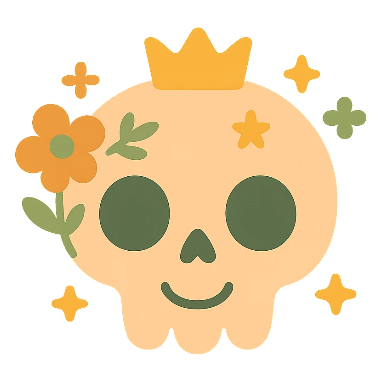 A cute, stylized skull with a friendly and whimsical vibe, designed in a soft and magical color palette: golden orange (FA9B41), forest green (4A7C5C), muted taupe brown (96775A), and pastel peach (FFCC9A). The skull has rounded, non-threatening features with expressive, oversized eye sockets and a gentle smile. It’s adorned with delicate floral patterns or tiny stars in the given colors, and perhaps a small crown or ribbon in peachy hues. The background is soft and glowing, creating a cozy, enchanting atmosphere. The overall mood is cute, calm, and a little bit magical. sticker