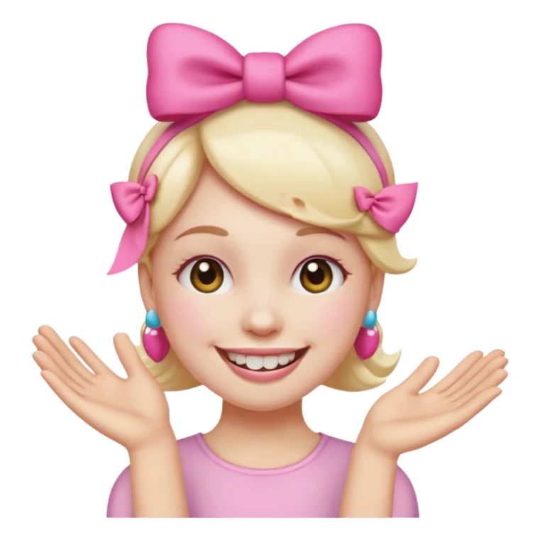 smiling emoji with a pink bow on head and hand placed on the teeth sticker