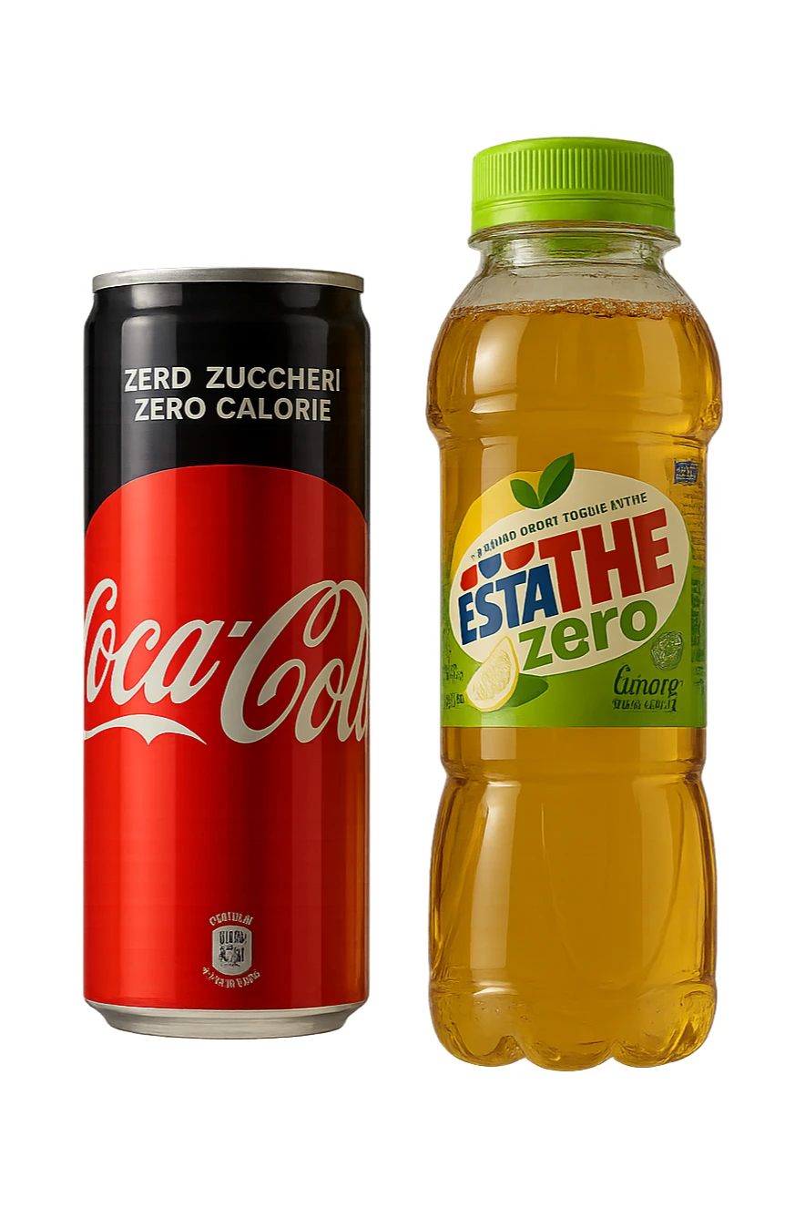 lattina di coca cola zero fluttua accanto a bottiglia di esta-thè zero, iperrealistiche 4k sticker