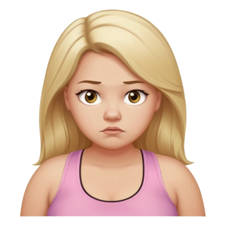 Create a young woman with long blonde hair, golden eyes, and medium-light skin tone, wearing a light pink tank top and leggings. but she is overweight  She should be in portrait mode, but with a subtle doubting facial expression—slightly raised eyebrow, small frown, sticker