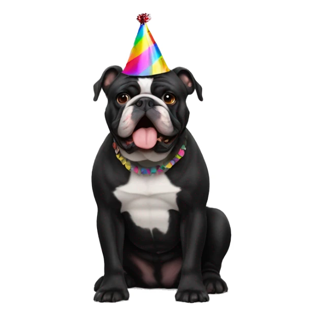 All Black bulldog with a party hat sticker