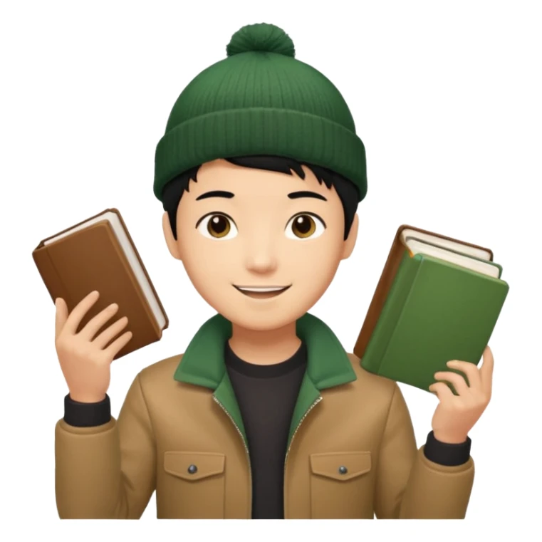 asian, tan skin, non binary asian man with pixie cut black hair, wearing brown jacket and dark green beanie, smiling , holding up books  sticker