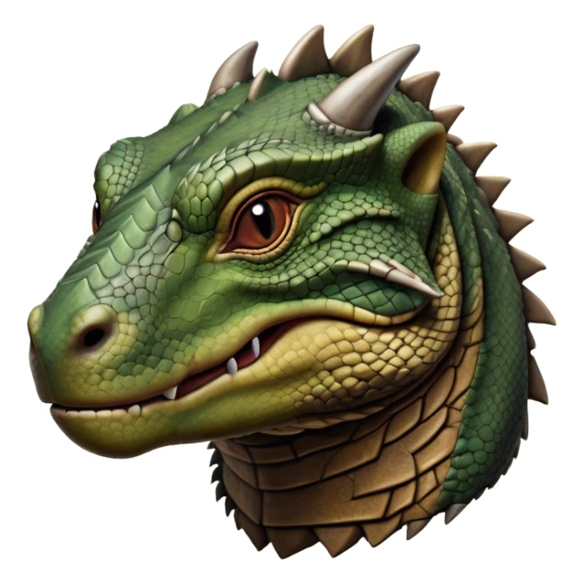 Cinematic Realistic Noble Komodo Dragon Portrait Emoji, Poised and imposing, with a massive, rugged build and a weathered, intricately scaled hide in earthy olive and dark tones, a distinct, powerful head with sharply defined features and piercing eyes, rendered in lifelike detail with natural texture and shadow, high shine, intelligent and formidable, styled with an air of ancient reptilian authority, focused and attentive, soft glowing outline, capturing the essence of a watchful and commanding Komodo dragon that appears ready to emerge from the screen with raw power! sticker