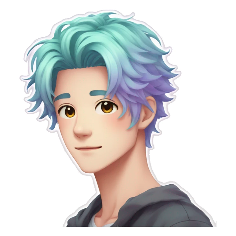 Gorgeous anime style shojo guy with blushing face aesthetic and pretty colorful shiny gradient pastel hair trending style sticker