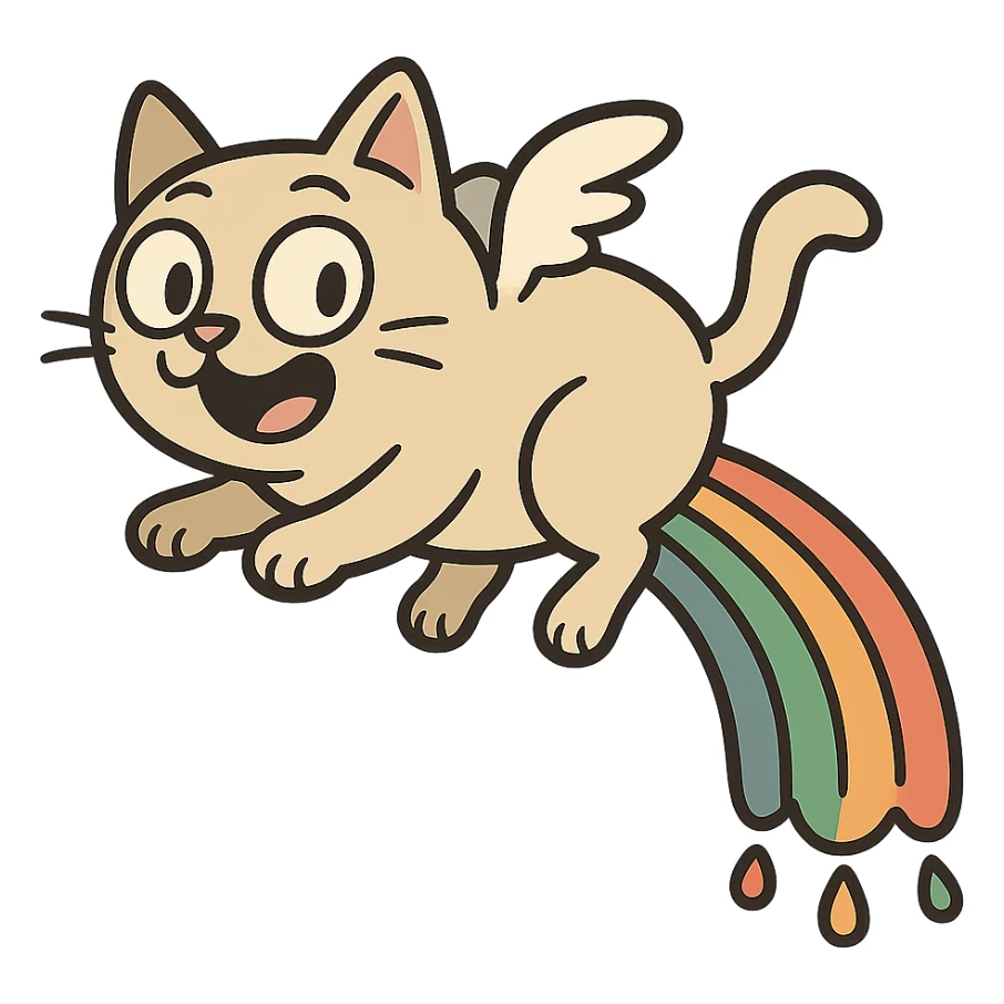 flat toon style flying cat pooping rainbows sticker