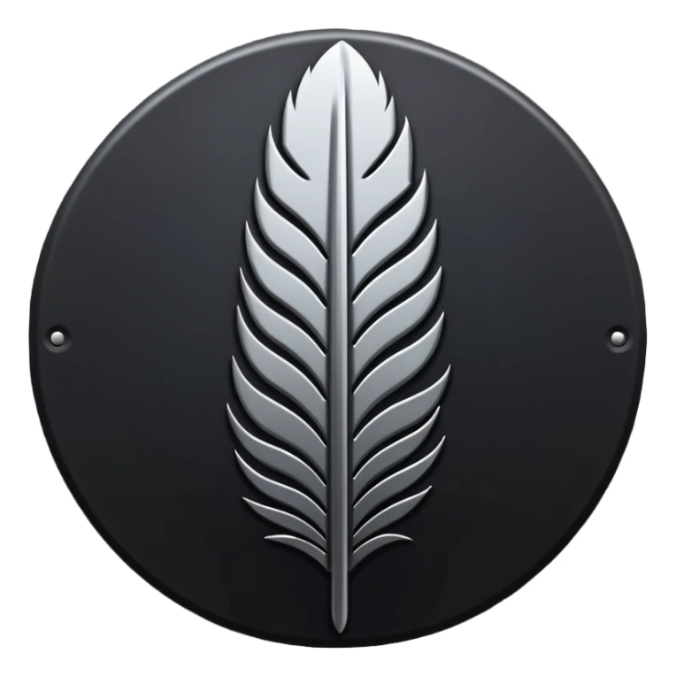 Emoji style, gothic feather made of layered black metal plates, sharp clean silhouette, industrial futuristic design, subtle metal texture, no glow, no neon, flat minimalist emoji, centered, transparent background sticker