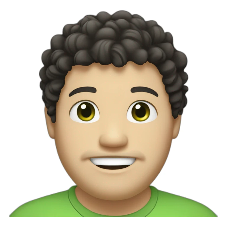 chubby, white man, black curly hair, green eyes, goatee, medium lips, smiling sticker
