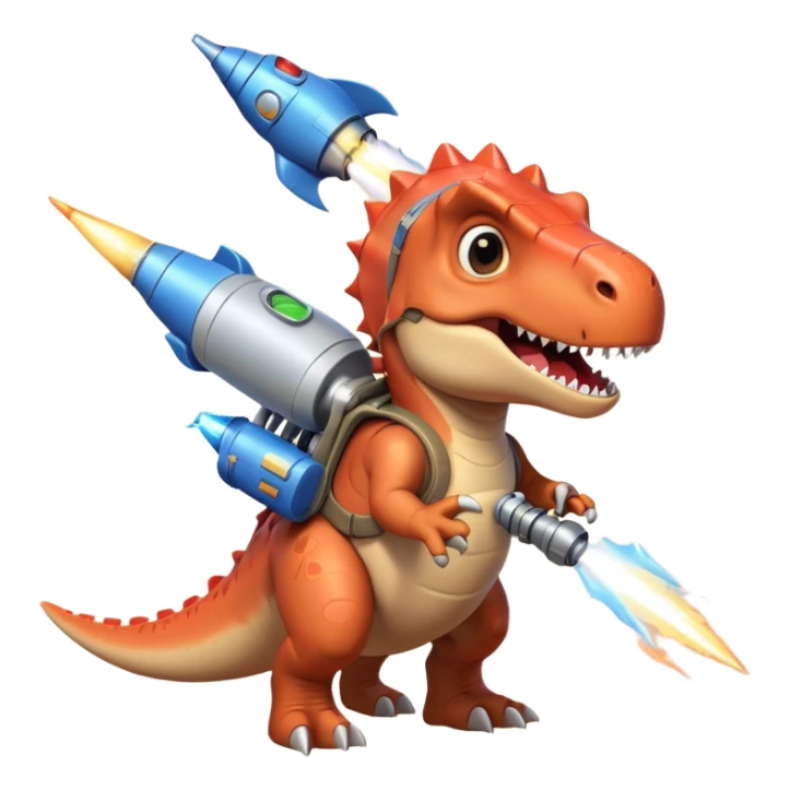 rocket-propelled dinosaur portrait, head and shoulders only, cute T-rex face, rocket pack visible behind shoulders, glowing thrusters, 3D cartoon, mobile game icon style, clean background, no text, no watermark sticker
