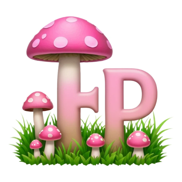 P.P letters, pink and green, with grass growing, mushrooms around sticker