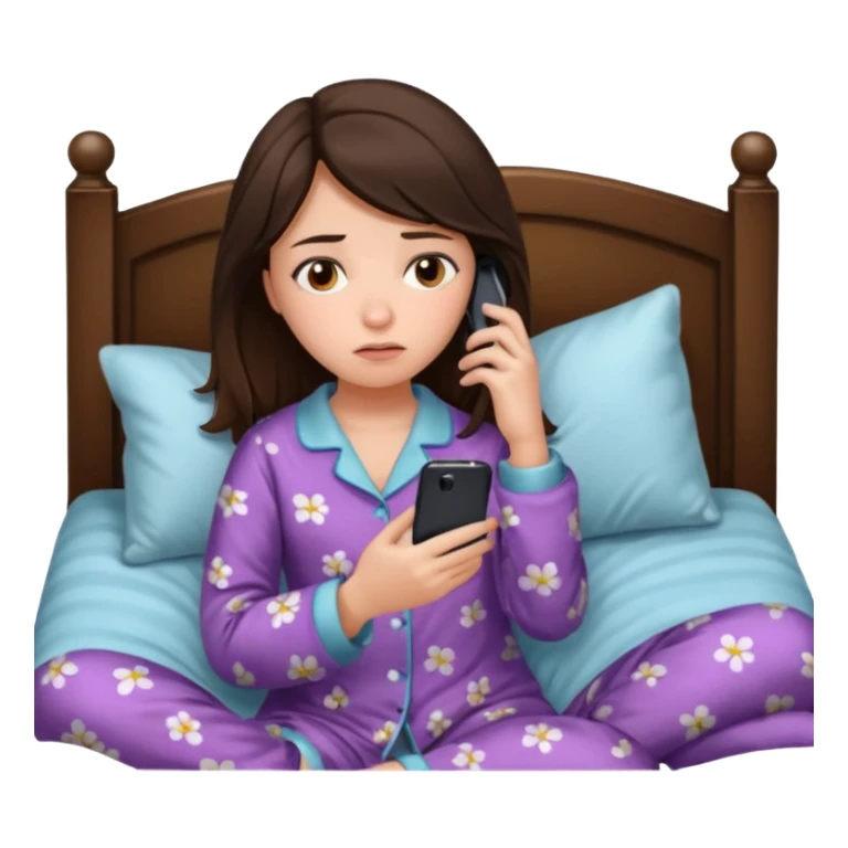 generate a girl brunette using her phone in bed. she looks sad sticker