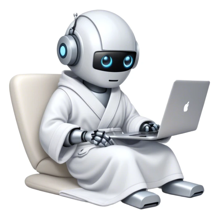 Emoji of a remote-working robot in a cozy bathrobe with a laptop. The robot has a sleek helmet-like head with glowing digital eyes. Relaxed yet high-tech vibe. sticker