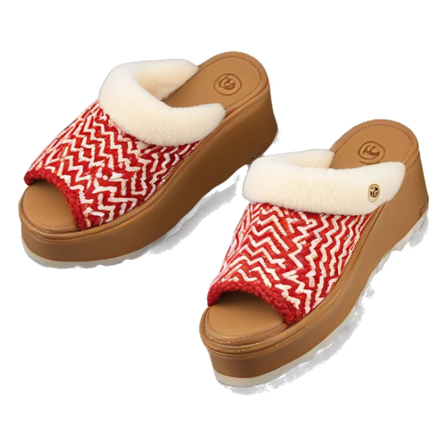 Camel color chunky platform slip-on mule UGG slippers. Very thin red and white woven zig-zag trim line detail on the cuff sticker