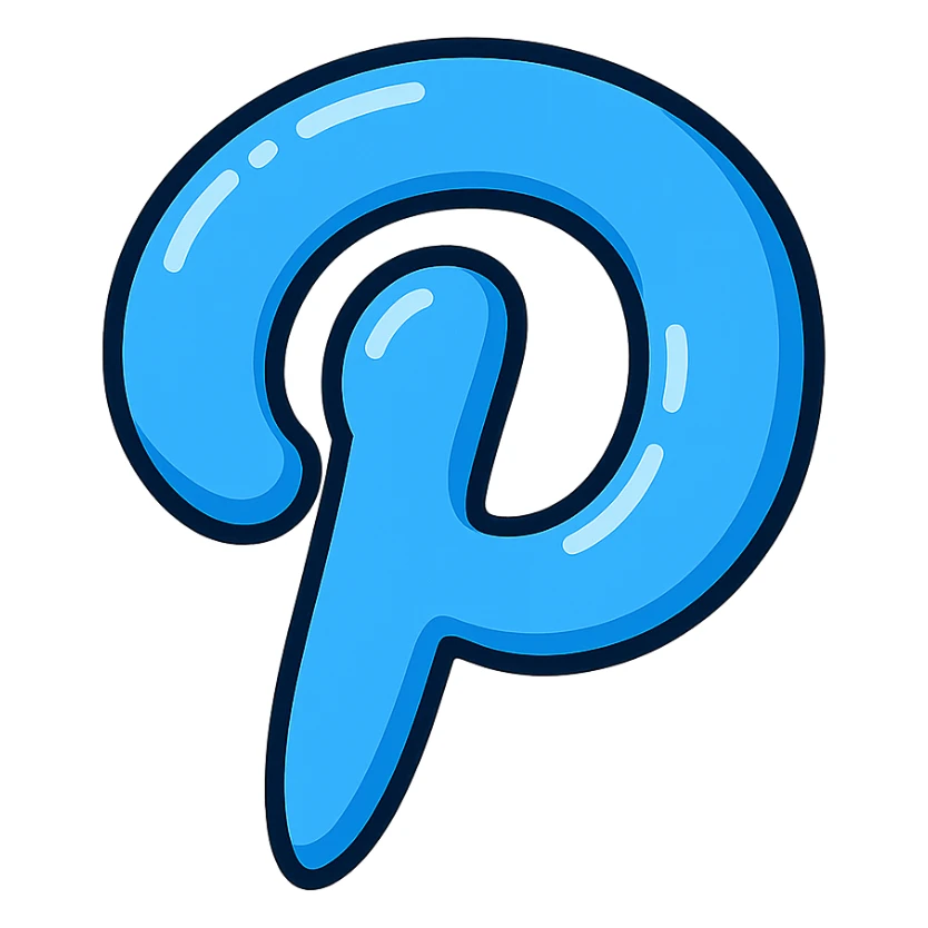 puffy cartoonish Pinterest 'P' logo, blue color, bold outlines, deep shadows, bright highlights, no background, rounded style sticker
