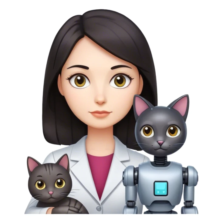 teacher, dark hair long, with robot mtiny cat sticker