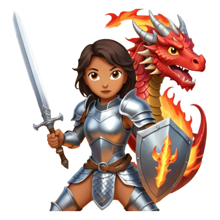 Fierce Latina in armor with a sword in a losing battle with a dragon sticker