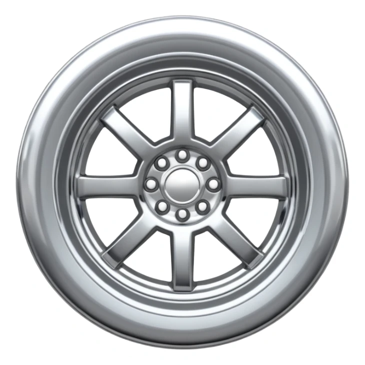 A chrome car wheel emoji, polished silver metal rim, smooth circular shape, minimal futuristic design, soft reflections, iOS emoji style, centered on white background, ultra clean look sticker