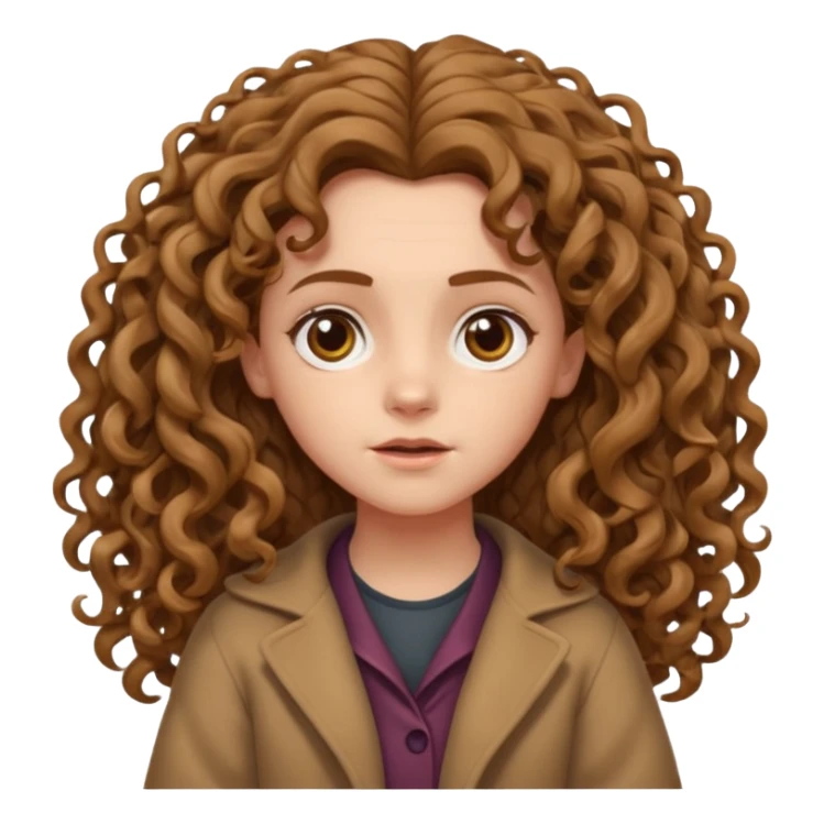 hermione shrugging, long light brown very curly voluminous hair, reaching below the shoulders, thick and full curls, messy natural texture, cartoon emoji style. sticker