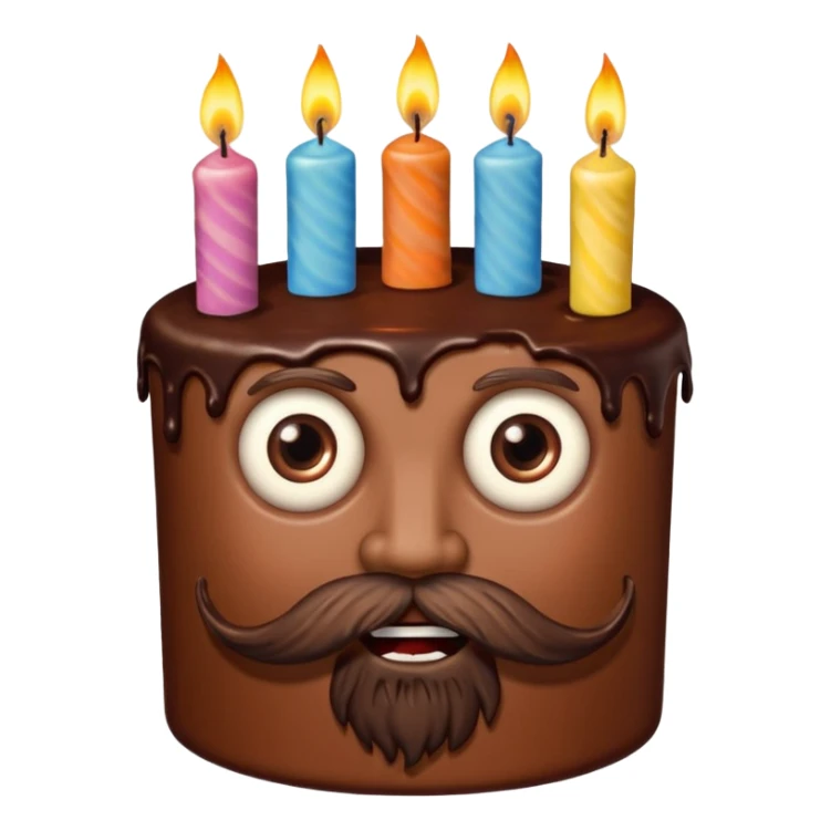 chocolate birthday cake with eyes and candles and beard sticker