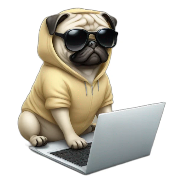 Pug wearing a hoodie and using a laptop and wearing sunglasses sticker