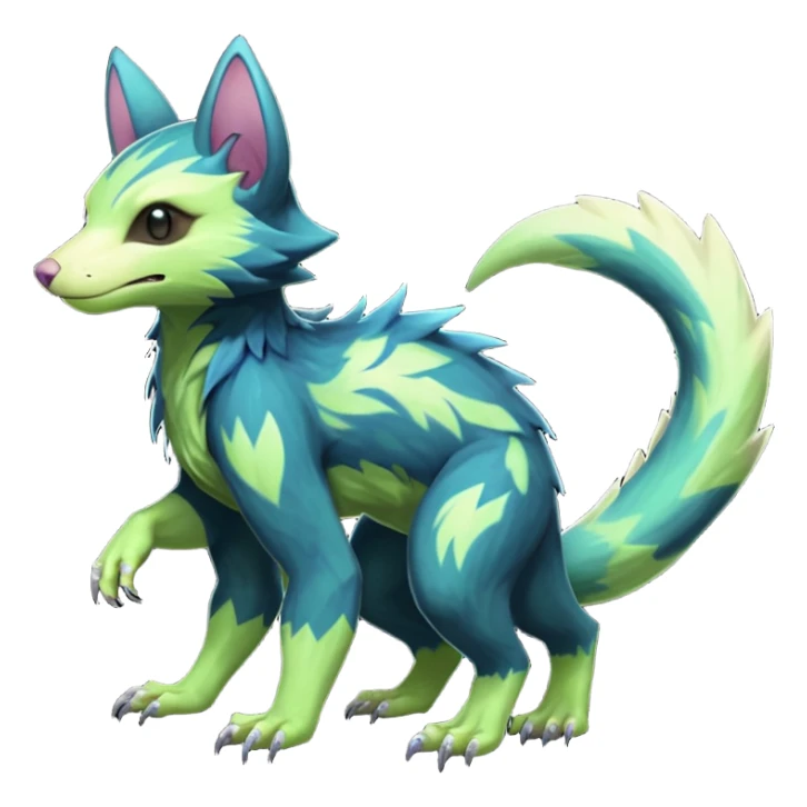 Realistic Sharp swampy mossy elemental ivy detailed Colorful translucent luminescent glowing Trico-Noibat-batty-Sergal-Furret-Ferret-Wolverine-Vernid-furry-fursona-fusion-Fakemon-animal-hybrid-creature, full body sticker