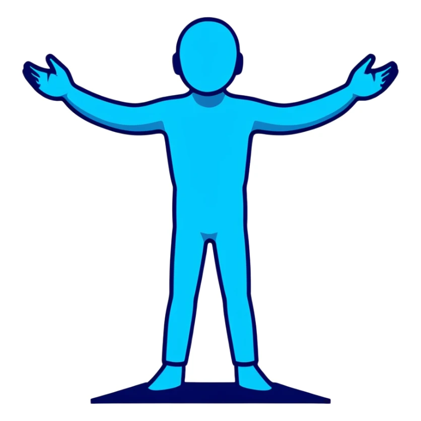 Person standing with arms outstretched in T-pose with 3D scanning blue light effect covering their body sticker