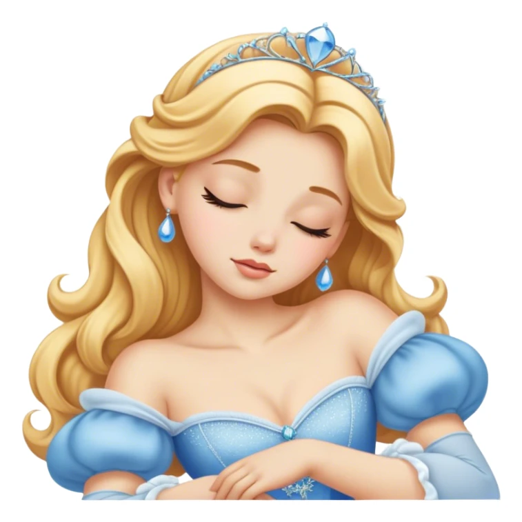 Cinematic Realistic Sleeping Cinderella Portrait, portrayed with exceptional realism: her luminous porcelain skin and exquisitely detailed golden-blonde hair lie softly under the gentle caress of natural light. Her eyes are peacefully closed in a serene, dreamlike slumber, and every fold and shimmer of her iconic ball gown is rendered with painstaking detail. The overall composition radiates a quiet, enchanting glow that encapsulates the timeless, restful beauty of a princess lost in a gentle, magical dream. sticker