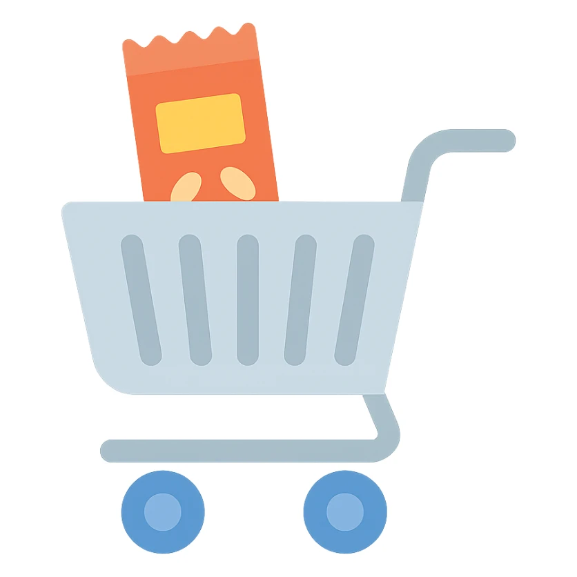 Shopping cart with a digital snack bar inside, minimal flat emoji style sticker