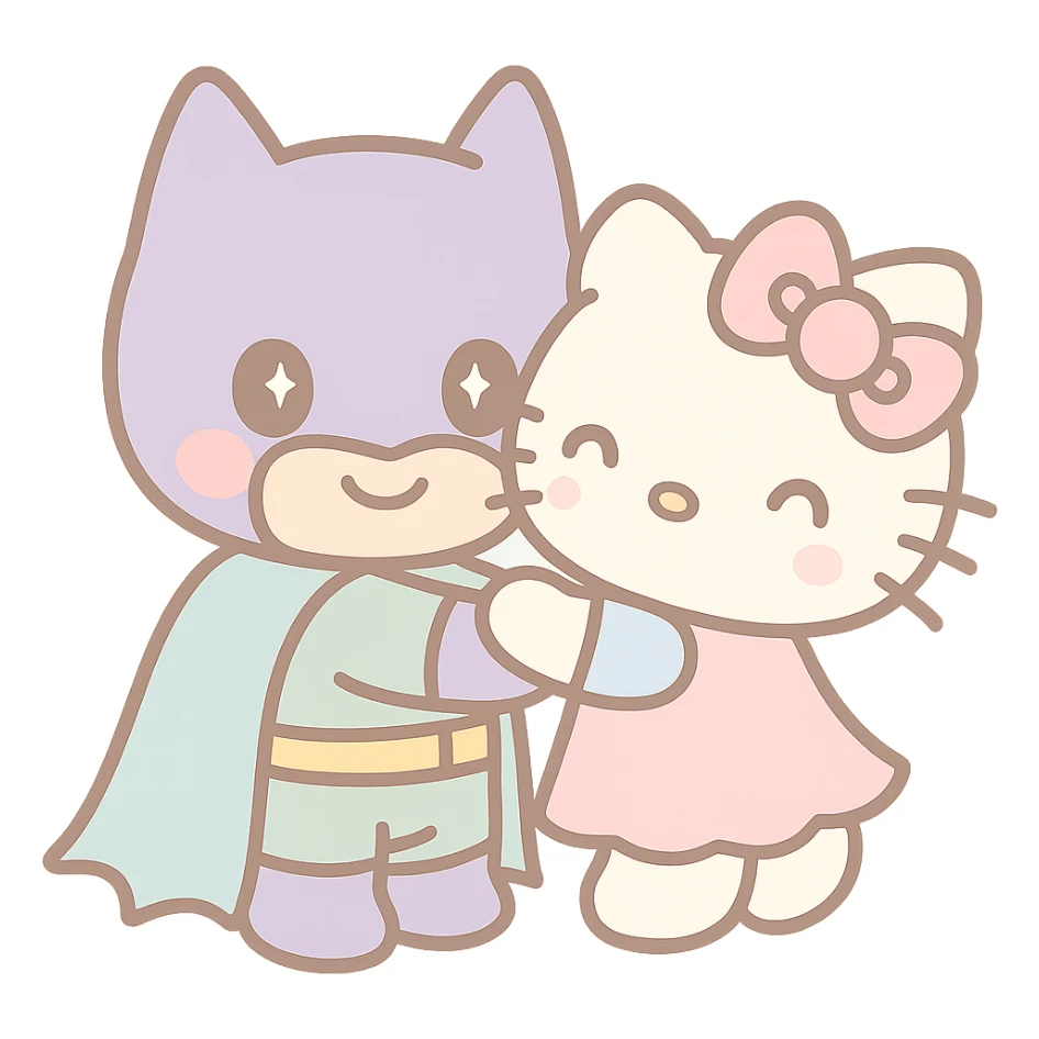 batman and hello kitty hugging, kawaii style, very cute sticker