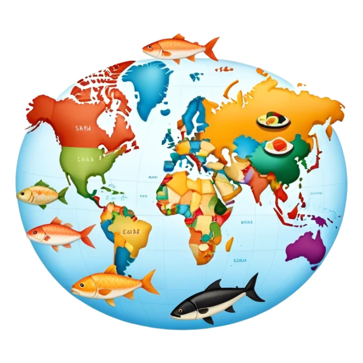 Icon for Culinary Tourism: a world map where the continents are made of various foods, like Fish - North America, sushi - Eurasia, tacos for South America, etc. The icon should represent global culinary exploration and travel. Transparent background. sticker