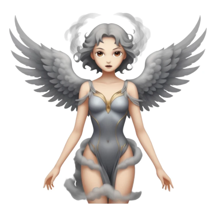 Winged woman standing motionless in smoke, restrained lust, infernal elegance sticker