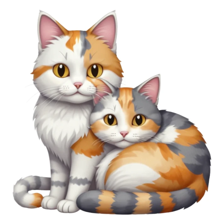 full body colourful light patched calico + white tabby cat cuddling a grey and white cat  sticker