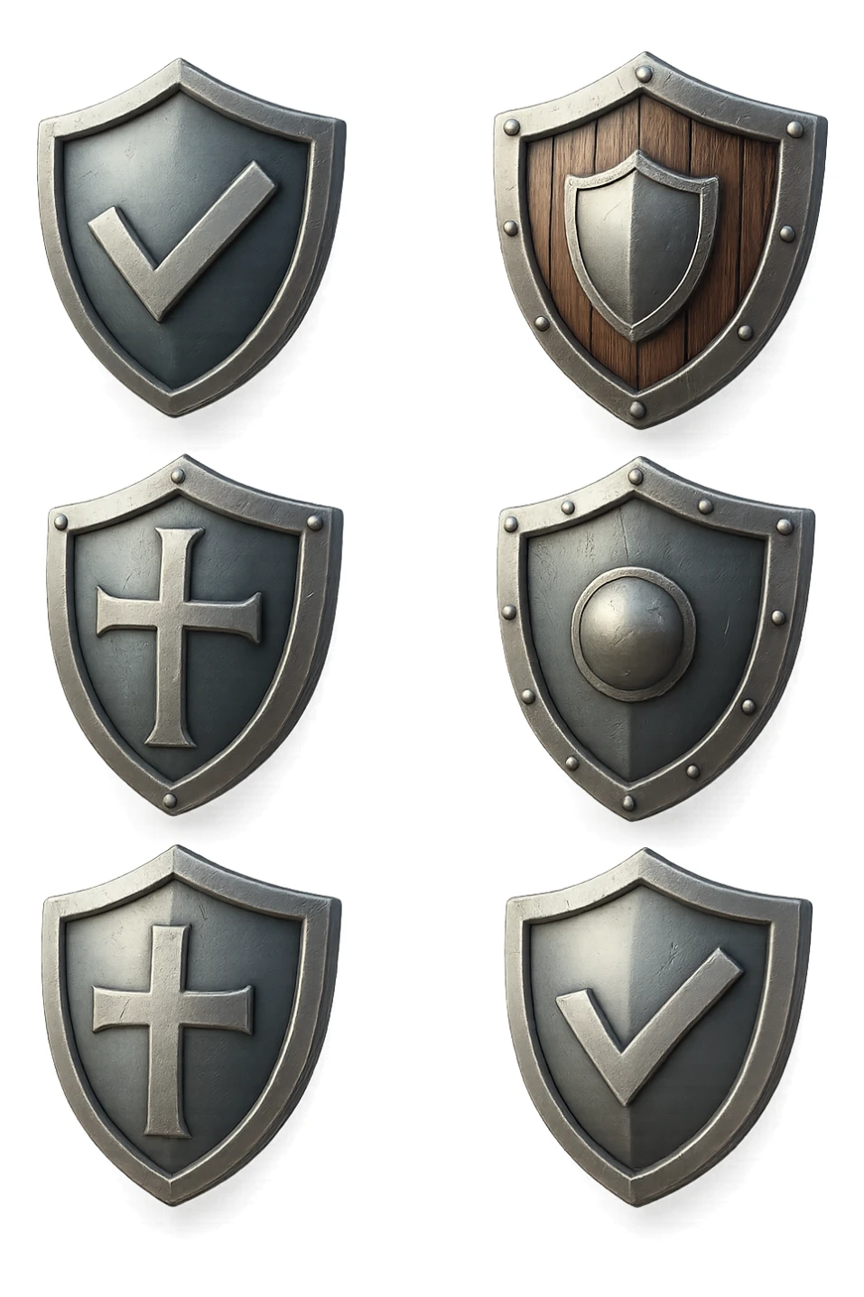 6 scudi 3d che simboleggiano "difesa e protezione", realistici in 3d fluttuano in aria, iperrealistico 4k sticker
