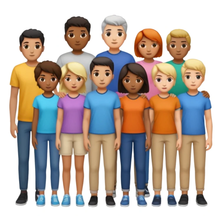 14 personagens de diferentes tons de pele e estilos de cabelo, vestindo roupas casuais em diferentes cores, todos agrupados lado a lado sticker