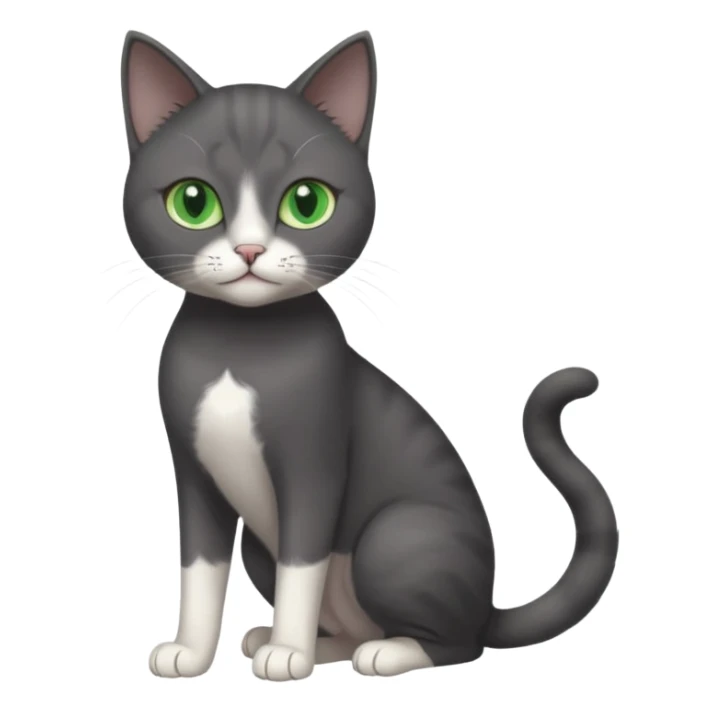 beautiful female solid dark grey cat with green eyes, white toes/paws and white patch on her chest playing sticker