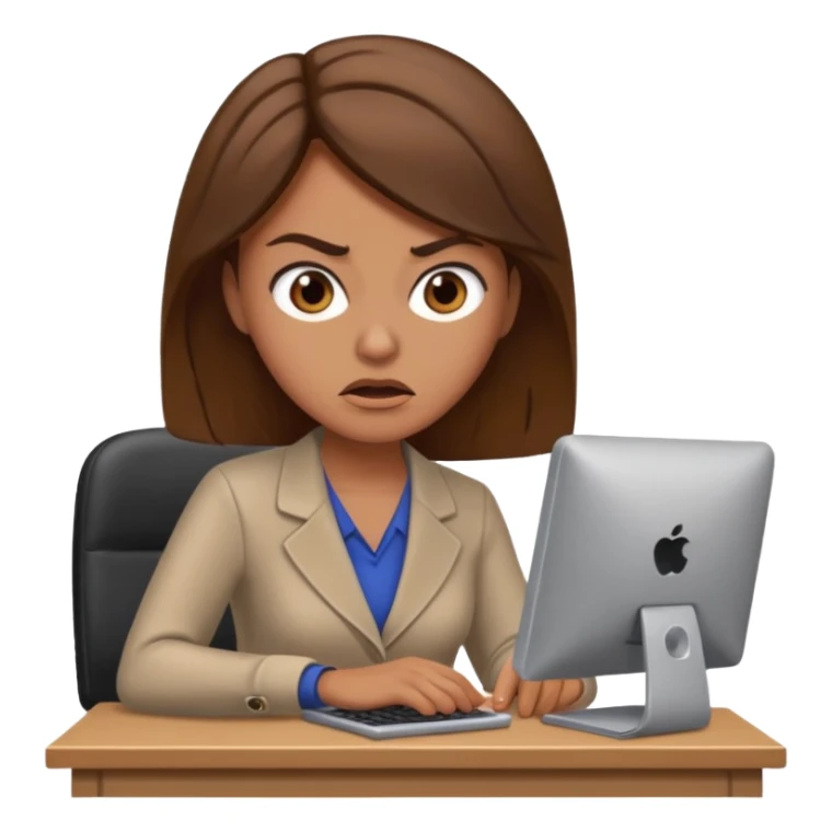 Uma mulher de cabelo castanho que é professora e um pouco brava a trabalhar no computador sem usar óculos sticker