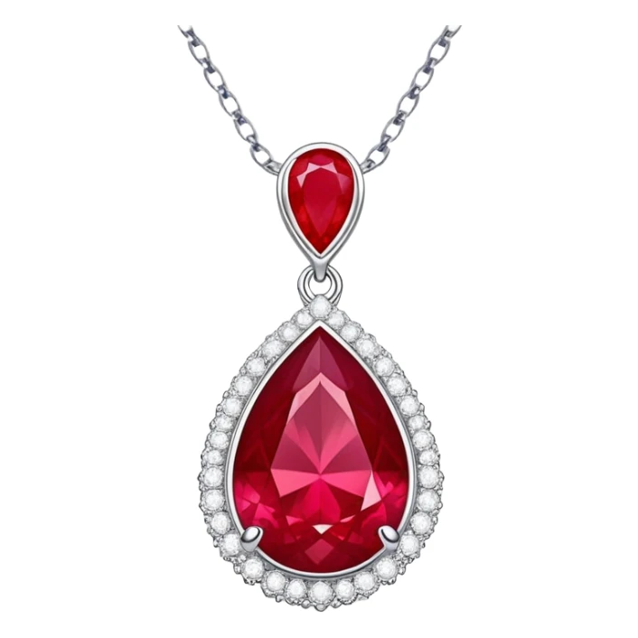 teardrop ruby pendant on silver chain, surrounded by white stones and radiant aura sticker