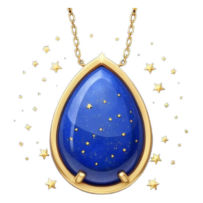 lapis lazuli stone in original form, cradled by a shimmering gold chain, surrounded by tiny stars sticker