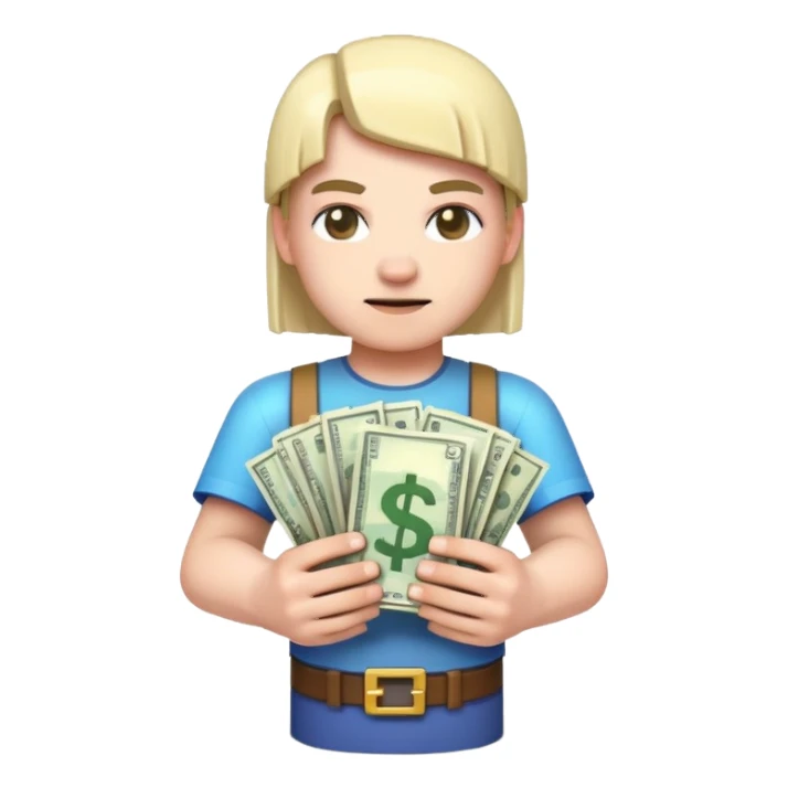 emoji style icon, minecraft blocky character holding a stack of money, pixel art style, bright colors, simple background, 3D glossy emoji, centered composition, soft shadow, high detail, clean outline, white background sticker